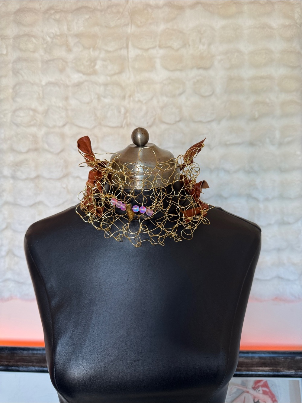 Handmade Gold toned brass wire 
Statement  
Choker with Brown Ribbon and Pink Be